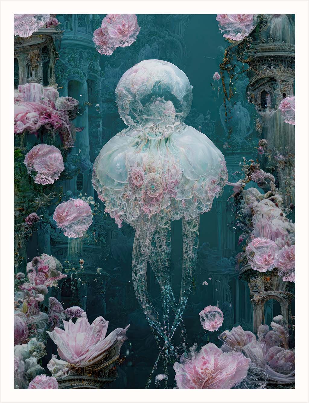 Awake by artist Euphemia Stokefield depicting a delicate and translucent underwater creature with intricate lace-like features and rose embellishments, gracefully ascending toward the surface.