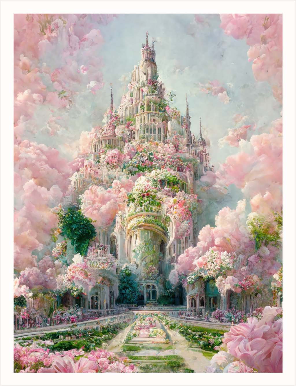 "Castle," featuring "The Legacy Spire," a majestic structure covered with flowers and plants, reaching towards Aeronimbus.