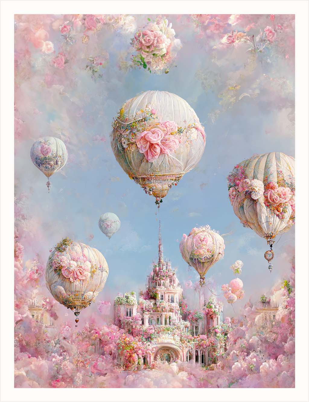 Celebration in Terraotium by artist Euphemia Stokefield, a pastel world in pink, blue and green with beautiful hot air balloons and the Rose Castle wrapped in pastel pink clouds