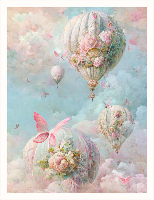 "Clouds," an art piece from the "Enchanted Trio" by Euphemia Stokefield, part of the "Three Worlds." Featuring pastel pink and green scenes from Terraotium. Delicate pastel pink and green blueish hot air balloons decorated with beautiful roses surrounded by pink butterflies on their way to Aeronimbus.