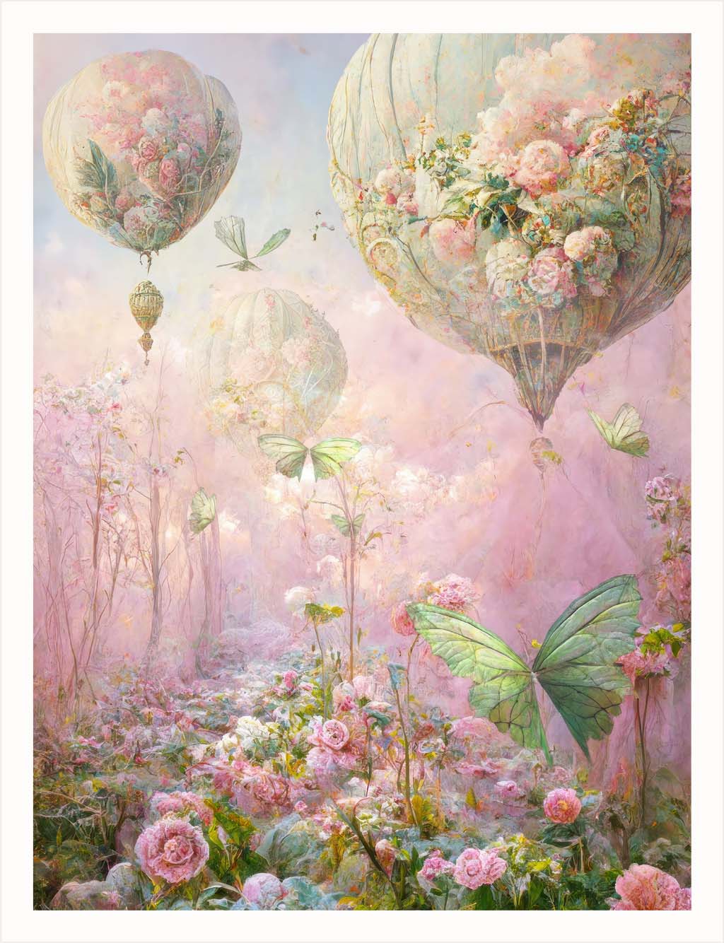 "Dawn," an art piece from the "Enchanted Trio" by Euphemia Stokefield, part of the "Three Worlds." Featuring pastel pink and green scenes from Terraotium. Delicate pastel pink and green blueish hot air balloons rising in the mist, decorated with beautiful roses and surrounded by green butterflies.