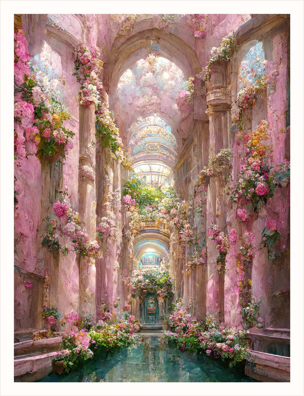 "Enchanting Pathway to Aquadesium," an art piece by artist Euphemia Stokefield, is part of the "Three Worlds” Collection. This open edition artwork comes with a certificate of authenticity.