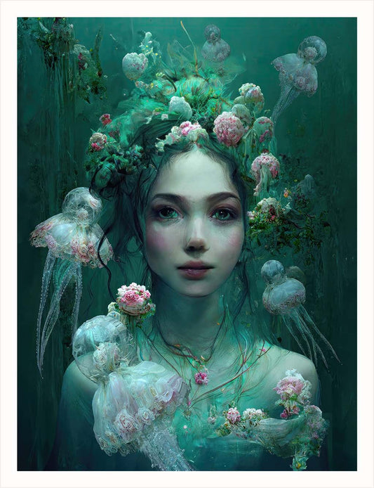 Little Life by artist Euphemia Stokefield featuring a beautiful young woman underwater with mystical sea creatures and intertwined pink and green blossoms, creating a serene and dreamlike underwater scene.