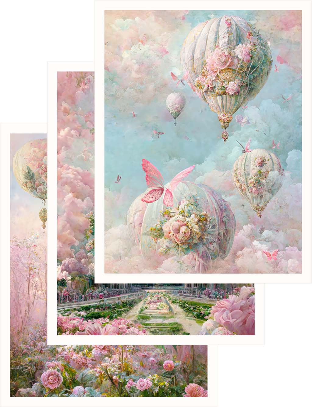 "Enchanted Trio" by Euphemia Stokefield, part of the "Three Worlds". Featuring pastel pink and green scenes from Terraotium, this trio includes the art pieces "Dawn," "Castle," and "Clouds.